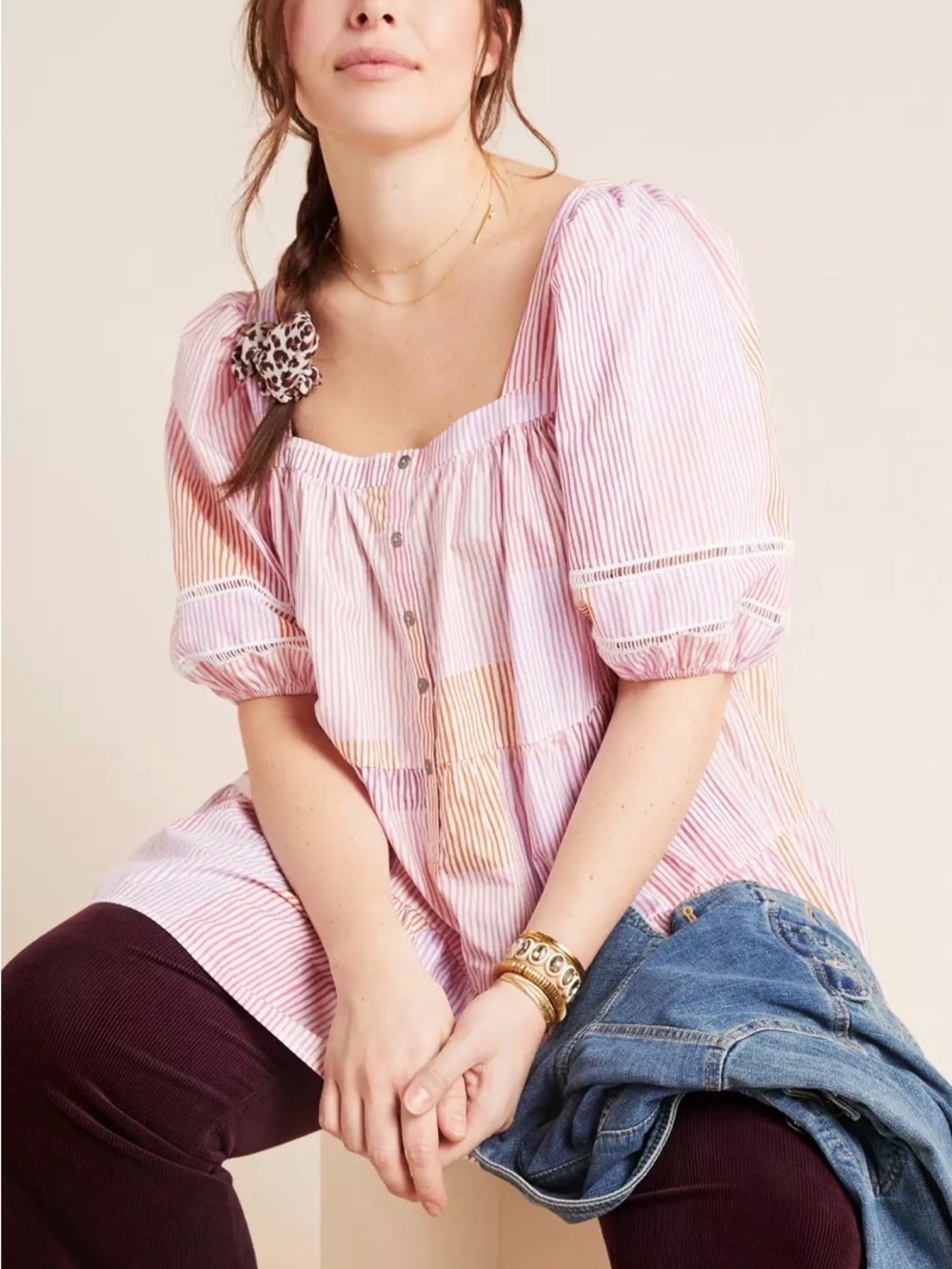 Maeve Pink and White Striped Square-Neck Peasant Tunic